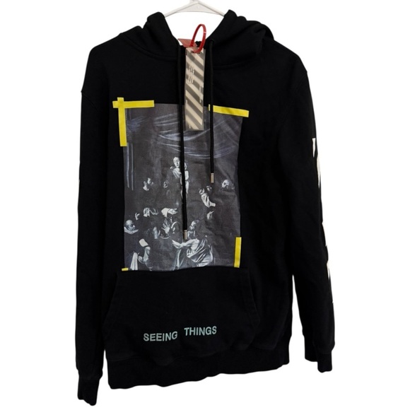 Off-White Other - Off-White Seeing Things Hoodie Black Medium Diagonal Stripes Caravaggio Graphic